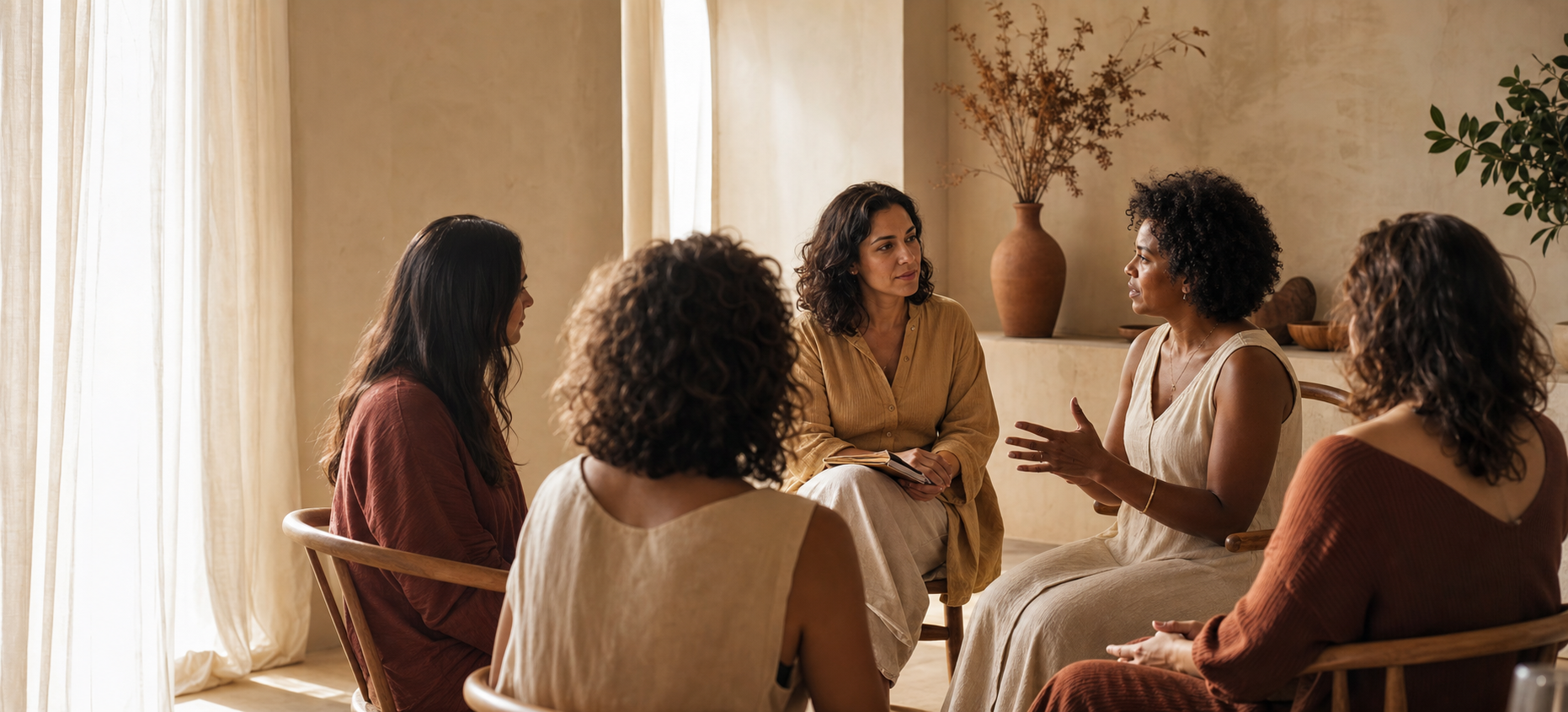 Mulheres reunidas em uma roda de conversa acolhedora